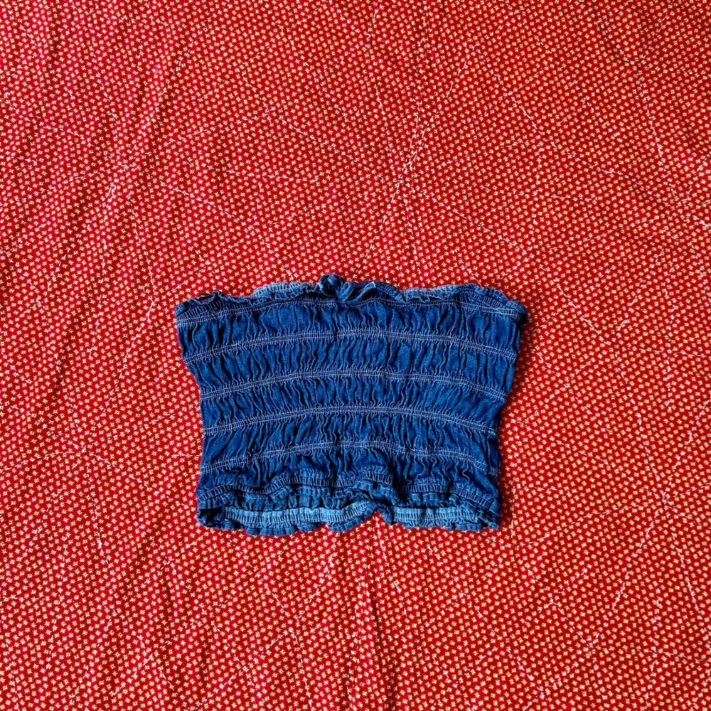 Lone Star Denim Smocked Tube Top Blue Cotton Ruffle Trim Strapless Size L